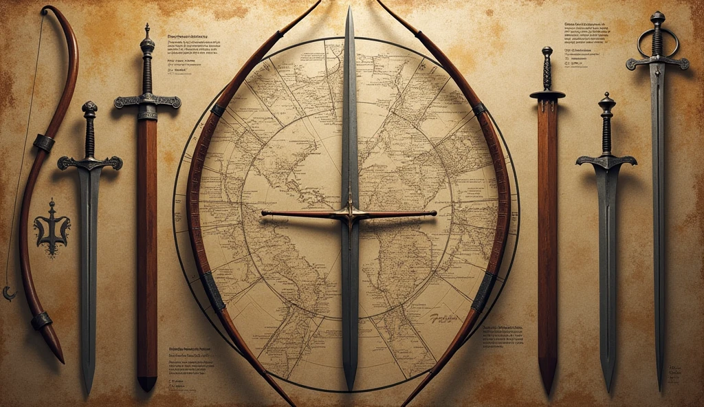 An image depicting medieval weapons such as English longbows and swords, placed alongside a detailed plan or diagram of military formations. The image highlights how warfare drove innovations in technology and strategy, with the weapons displayed prominently and the formations illustrated clearly. The style is inspired by Edmund Blair Leighton, featuring intricate details, historical accuracy, and a focus on the tactical aspects of medieval warfare., Surrealism, Hyperrealism, UHD, retina, masterpiece, accurate, anatomically correct, textured skin, super detail, high quality, 16k