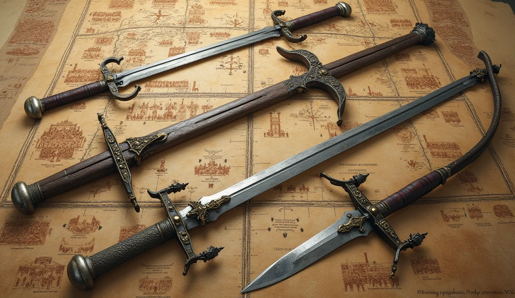 An image depicting medieval weapons such as English longbows and swords, placed alongside a detailed plan or diagram of military formations. The image highlights how warfare drove innovations in technology and strategy, with the weapons displayed prominently and the formations illustrated clearly. The style is inspired by Edmund Blair Leighton, featuring intricate details, historical accuracy, and a focus on the tactical aspects of medieval warfare., Surrealism, Hyperrealism, UHD, retina, masterpiece, accurate, anatomically correct, textured skin, super detail, high quality, 16k