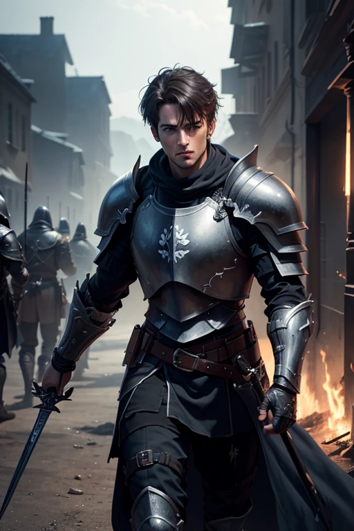 8k, high resolution, ten mens, paladin, dark armor, Battlefield scenario, dark aura, holding a black sword.