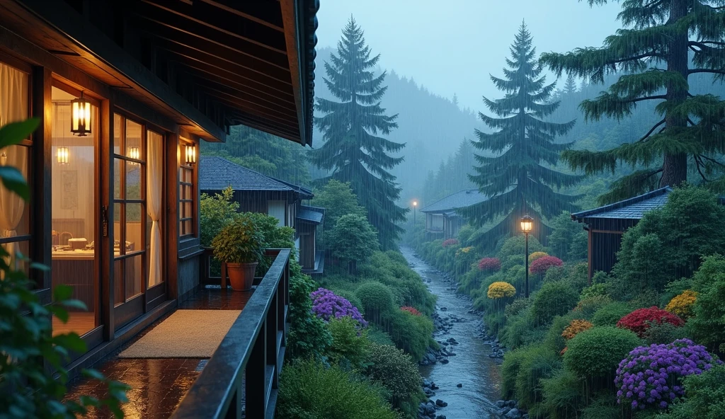 house on wet street with balcony overlooking outside in village, clear glass window, Shirakawa-go, Japan, rainy environment, (((FHD))) (((high definition))), green garden, trees, rainy day, lights, pine, night ambience, lights cozy in the rain, lush japanese landscape, japanese house, rain, fog, , ultra-fine photography, realistic, realistic, purple, red, yellow flowers