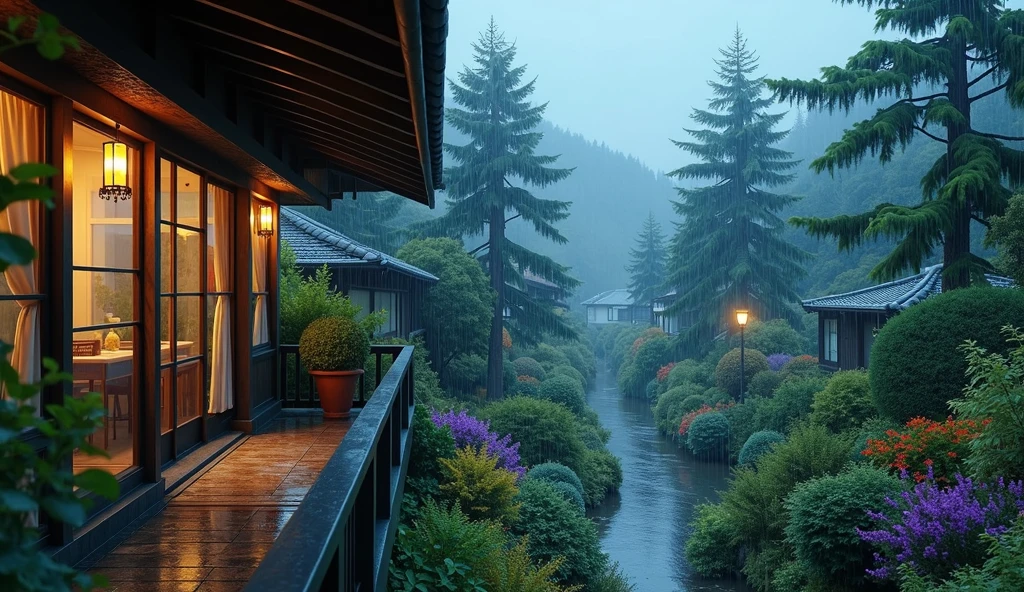 house on wet street with balcony overlooking outside in village, clear glass window, Shirakawa-go, Japan, rainy environment, (((FHD))) (((high definition))), green garden, trees, rainy day, lights, pine, night ambience, lights cozy in the rain, lush japanese landscape, japanese house, rain, fog, , ultra-fine photography, realistic, realistic, purple, red, yellow flowers