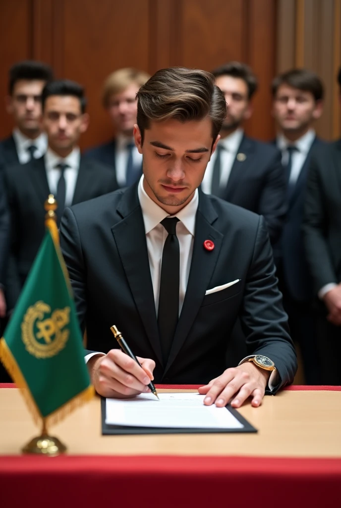 A 20 year old man on an expensive suit and a tie, sitting Infront of his audience signing documents with red seal.On the table is a green flag with a logo on it.The event takes place Infront of the company's headquarters.The majority part is on a red carpet more cleaner a more realistic I want a real picture where is the audience the image is not burry but very clear