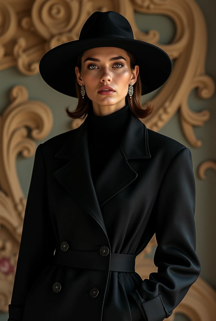 The model wears a black jacket and a black hat, in 32k uhd style, Rococo elegance, Vintage style design, bold curves, ferrania p30, Limited color range