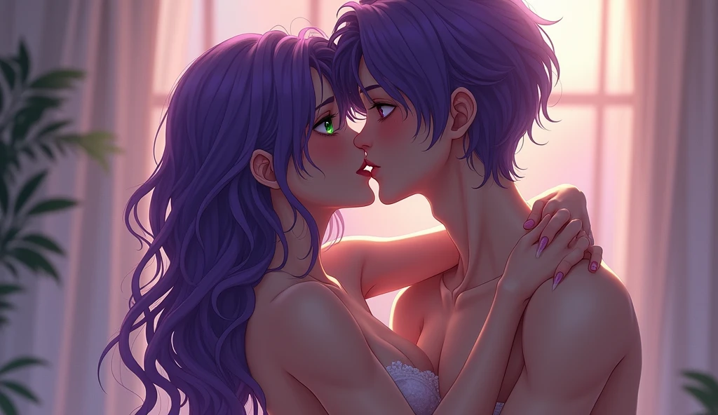 A naked purple haired green eyed girl kissing a naked purple haired purple eyed boy