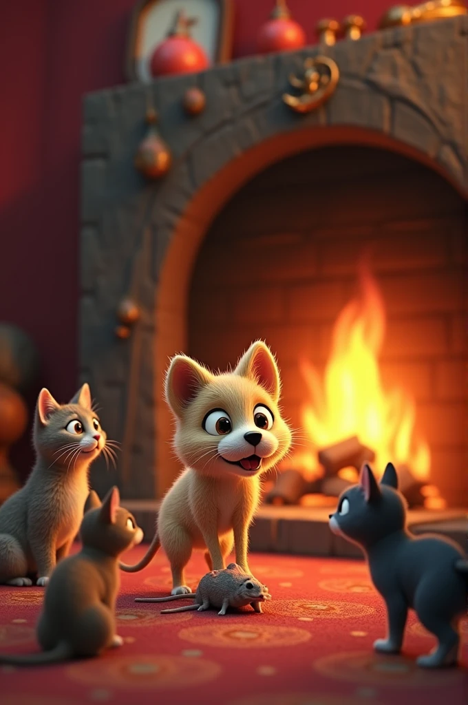 Three-legged dog eating a mouse with three cats looking on in front of the fireplace in a red room