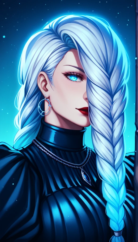 score_9, score_8_up, score_7_up, score_6_up, score_5_up, score_4_up, Gothic mei mei , blue eyes, white hair braid, large breasts, necklace,big hoops earrings ,red lipstick , detailed eyes , big breasts, (female warrior), large breast, long braid hair, long armor dress), winter, (Celestial luminescent lake, glowing water,ethereal reflections), deep dark, deep night, unstable atmospheric, (action motion), ,