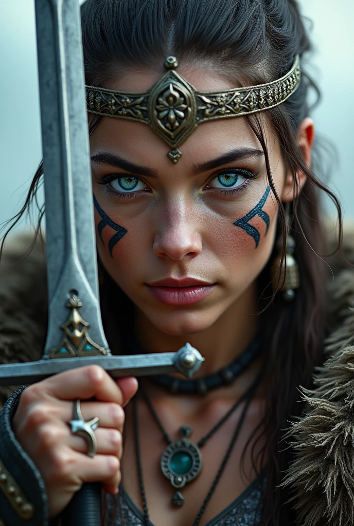 Close up viking warrior with sword in hand, blue colored eyes, pretty, viking makeup, sword close to the face, tiara on head , necklace on the neck, drawing on the face