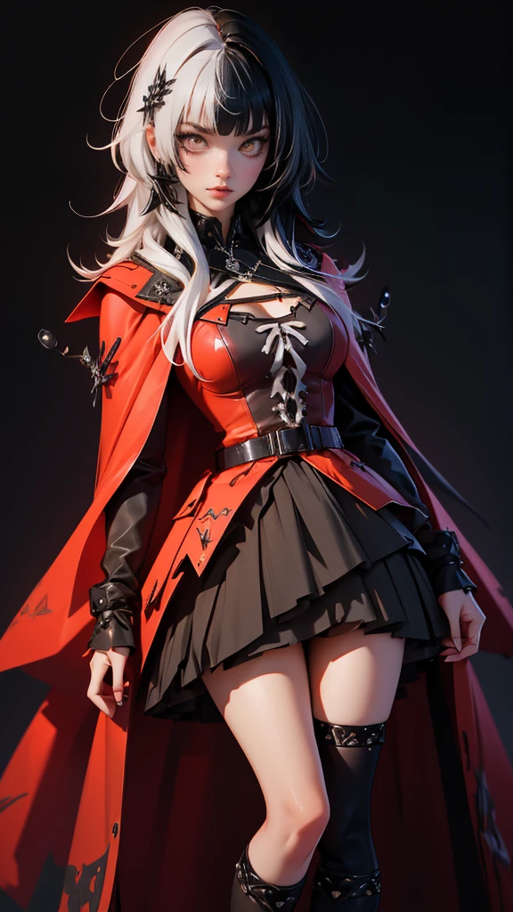 envision a 8k, highres, cinematic, beautiful full body design sheet of a short girl named Shiori Novella with long black and white hair with hair ornaments, Amber narrowed eyes, and goth messy makeup wearing a goth military Lolita dress and red cape against a dark background