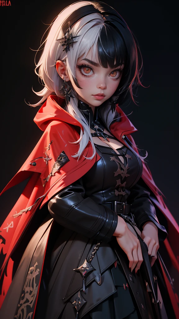 envision a 8k, highres, cinematic, beautiful full body design sheet of a short girl named Shiori Novella with long black and white hair with hair ornaments, Amber narrowed eyes, and goth messy makeup wearing a goth military ****ta dress and red cape against a dark background