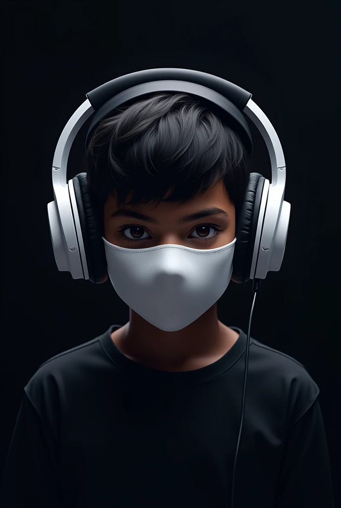 Create a gamer logo of a dark-skinned boy with gamer headphones and a black background behind him and a white mouth cover. And the headphones are white.
