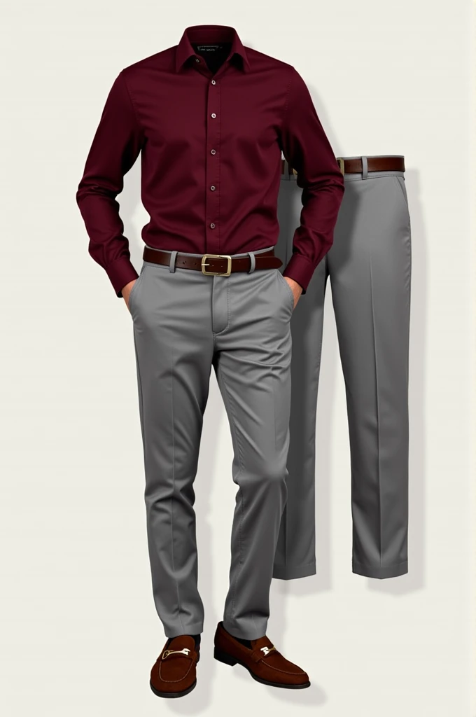 Create a prom look with a burgundy dress shirt tucked into gray tailored pants, close suede loafer and belt in the same color as the loafer