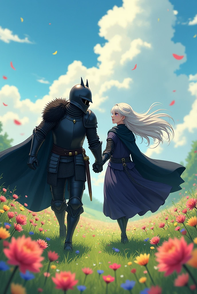 Fassa medieval knight in dark armor with a dark medieval helmet which covers his entire face with a cape made of dark wolf fur watching his beautiful anime wife who has white hair and bright purple eyes while dressed in a dark medieval cloak, fassa the two running hand in hand while playing happily in a field of flowers , make the two of them play with each other happily and playfully as a couple.
((Make art with an anime style))