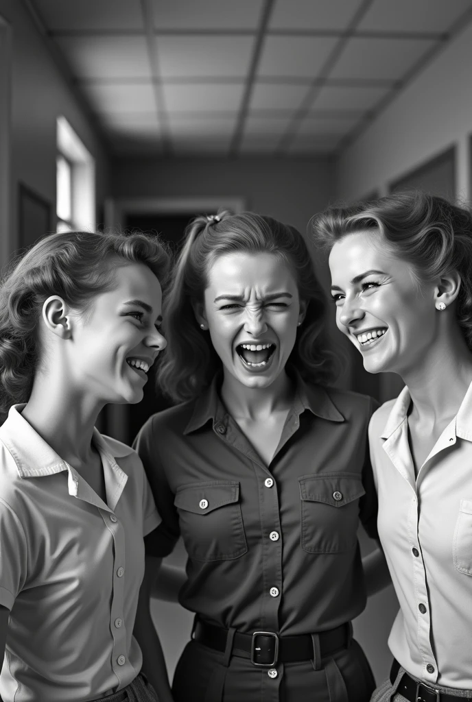 Images of two girls laughing at another girl who is seriously angry at school. The girls are agers., vintage black and white girls image