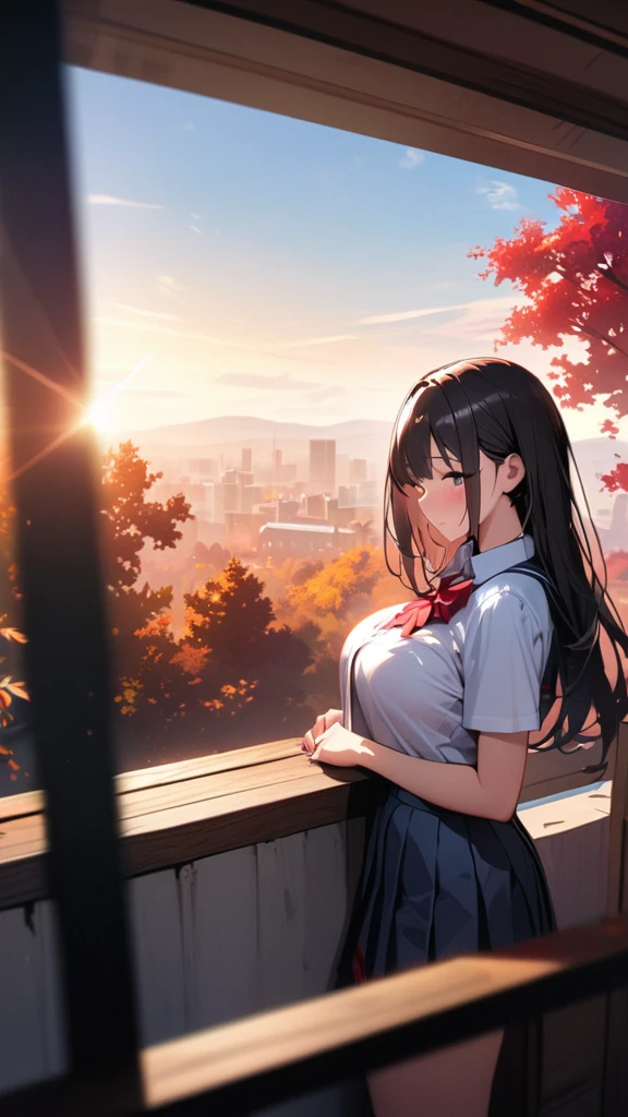 (beautiful girl: 1.3),(1girl,masterpiece, Highest quality, Ultra-high resolution,rich contrast,super high quality,8k,Highly detailed CG unit wallpaper,texture,Incredibly absurd,Ultra-high resolution,RAW Photos,Depth of Field:1.2),(magnificent panorama view:1.3),(High School Uniform&Pleated skirt:1.5),Black Hair,Crown braid,Ultra-detailed eyes,(sensuous),Glowing Skin,sunlight through trees,blush,Sigh,((Large Breasts))