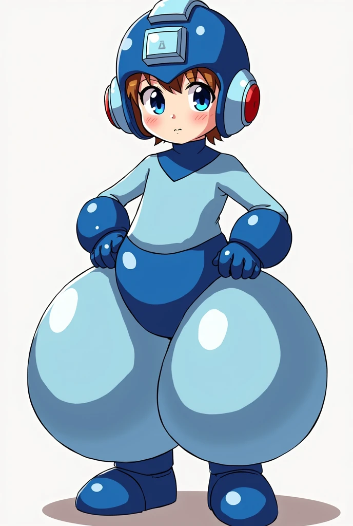 Small boy, around six years old, brown hair, blue eyes, perfect hands, anime style, wearing a Megaman outfit consisting of a light blue leotard, humongous inflatable satin ATS-style 4-yard harem pants, royal blue ankle boots, royal blue large rounded coverings on the lower arms, royal blue Megaman helmet, and a large inflatable royal blue satin Megaman diaper. His helmet has a raised light blue square in the forehead and a light blue rectangle running straight back from the square, resembling an exclamation mark. His helmet also features round light blue sections with red circles in the center over his ears. The pants are puffy and very round, the diaper is extremely puffy and completely round and completely spherical. High quality.