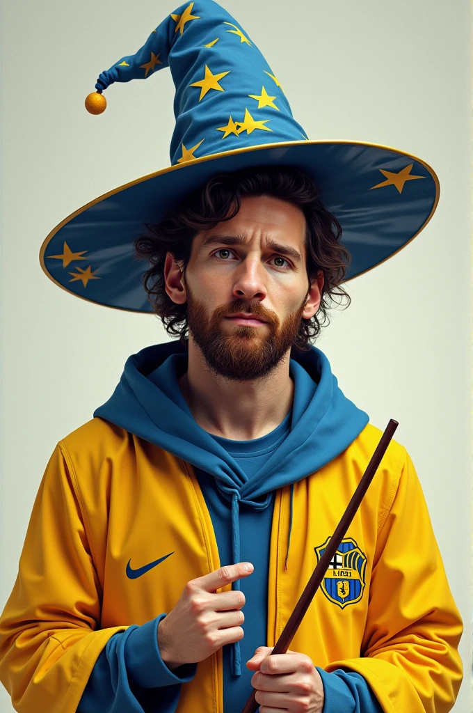 Messi with Harry Potter hat and wand dressed in yellow and blue clothes