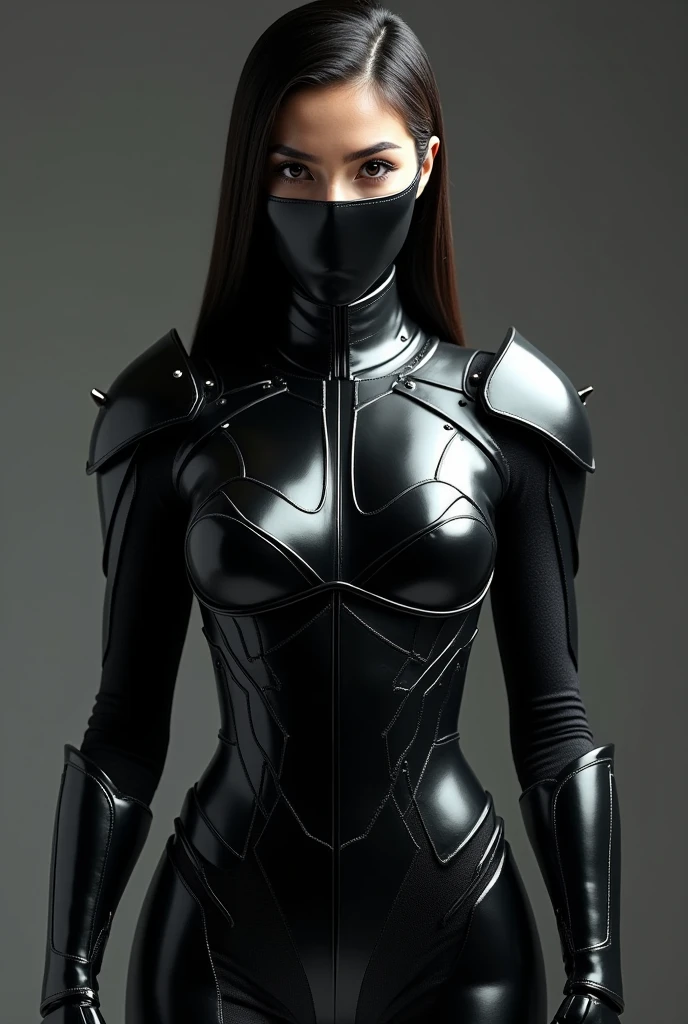 Power Ranger Black girl in full shining armor with armor covering her face too, facing front, color BLACK with a little touch of WHITE ARMOR and face FULL cover with hair..with WHITEcolor