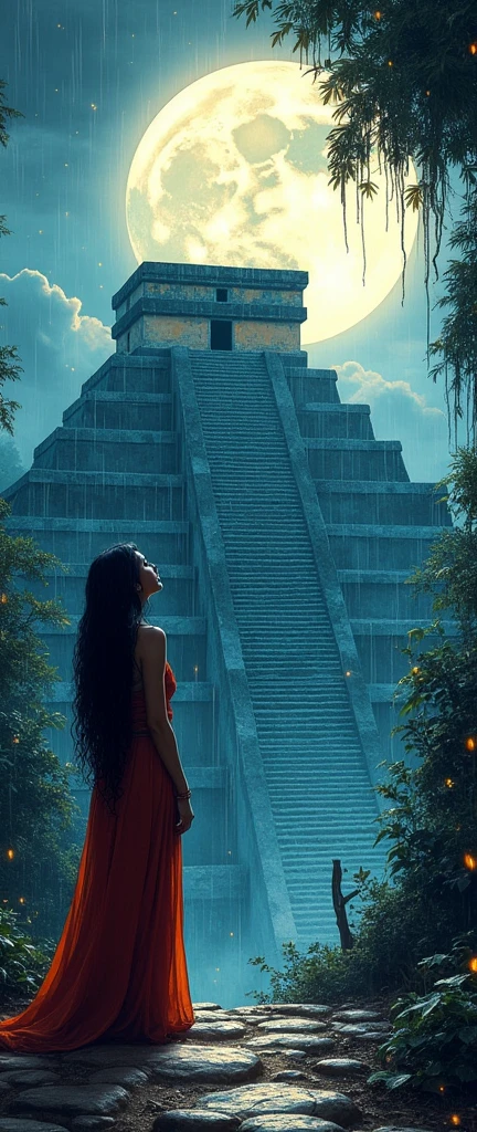 dynamic ink painting of a Mayan pyramid, great art, great sense of depth, ground level shot, the most beautiful temple in the world, jungle leaves shining through rainwater, moon\(pale blue\) with a light overcast, beautiful woman\(ancient mayan princess, noble, beautiful attire, beautiful long black hair\) looking up at the moon holding ,raining softly, fireflies flying around, long distance shot,