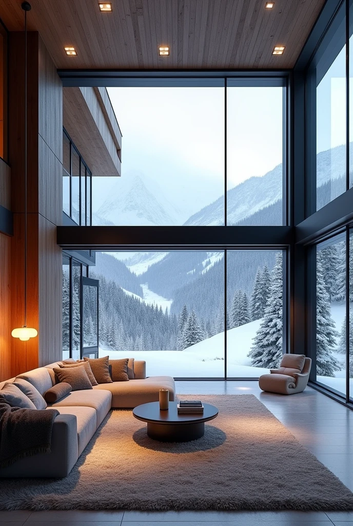 create a photo taken from the inside out of a large, modern chalet made of iron and glass in the middle of the snow at night with warm white LED lighting, large carpet in the living room, sofa with towel fabric, minimalist style with neoclassical and modern industrial