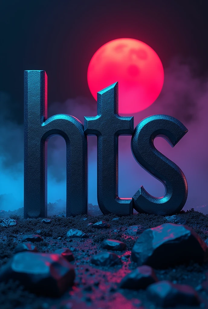 Make the letter HTS in graphite in cyan and purple on a black background with a red moon in the background