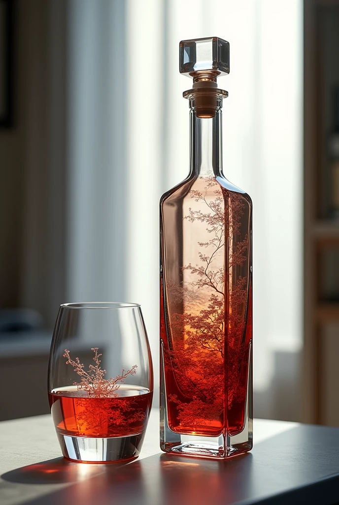 A product photo of a wine decanter，square wine bottle，Glass material， with ink and wash landscape patterns on the surface，Chinese painting，Perfume bottle，artistic silhouette，High-end elegance，Chinese Culture，Chinese style，high quality，surreal style