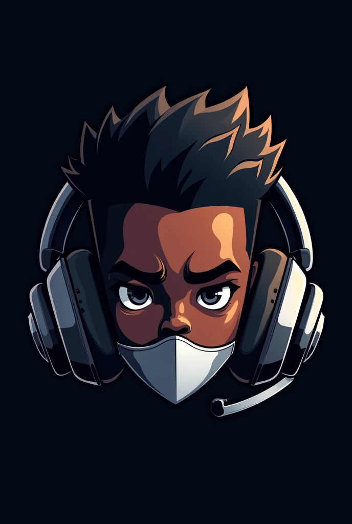 Create a gamer logo of a dark-skinned boy with gamer headphones and a black background behind him and a white mouth cover. And the headphones