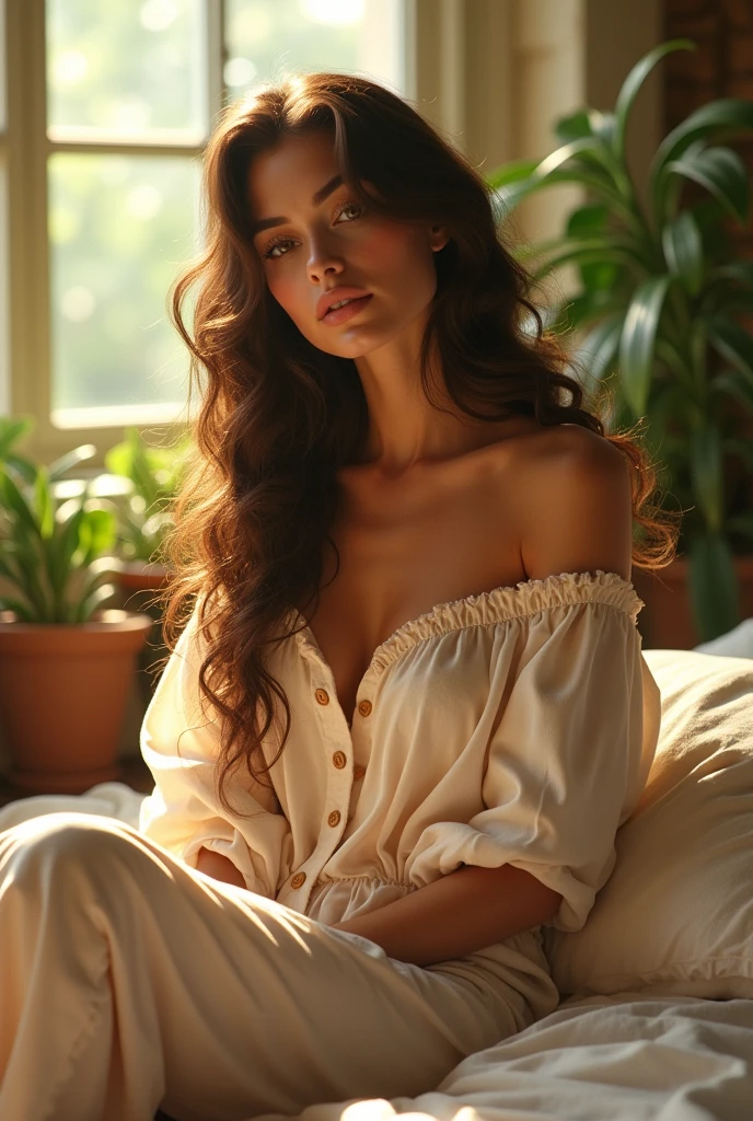 (photorealism:1.7), beautiful woman, sitting on bed, wearing loose off-shoulder top, pajama pants, long curly hair, indoors, soft lighting, plants in background, window with sunlight, cozy room, relaxed pose, realistic, intricate details, warm colors, by Greg Rutkowski, by Alphonse Mucha