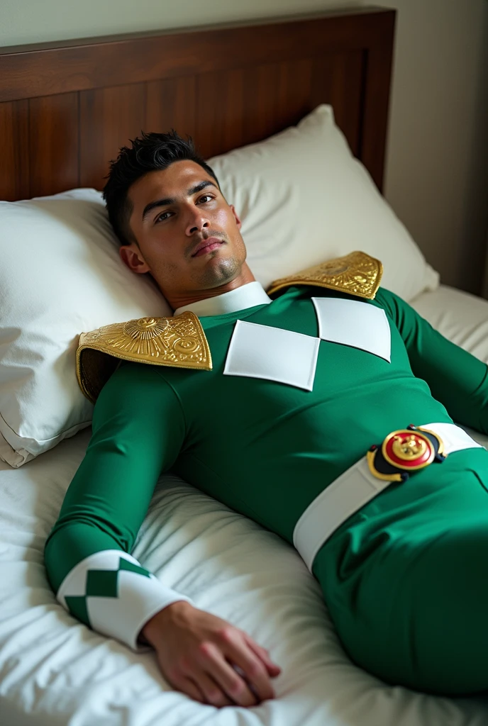 Cristiano Ronaldo, with the Green ranger mighty morphin costume, without helmet, lying on a bed, clear skin (No Beard or Mustache) Cr7