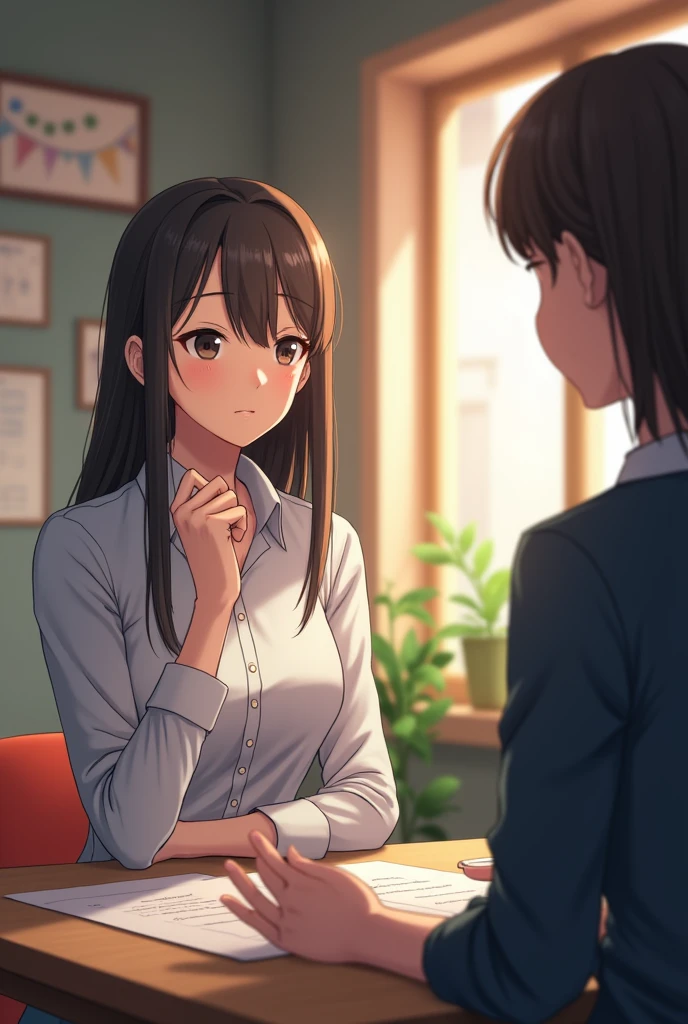 Medium shot of Miyu talking to a student about the club&#39;s logistical problems. She is listening attentively