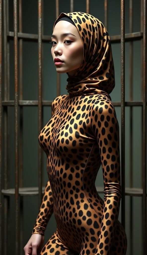 the beautiful,slender thin and prettiest Malaysian muslimah adult girl with beautiful cheeks wears brown leopard print lycra turtleneck unitard catsuit covered with black seamless spots and always wear brown leopard print lycra elastane stretchy dance wear hijab covered with black seamless spots.She is kept in an animal cage.