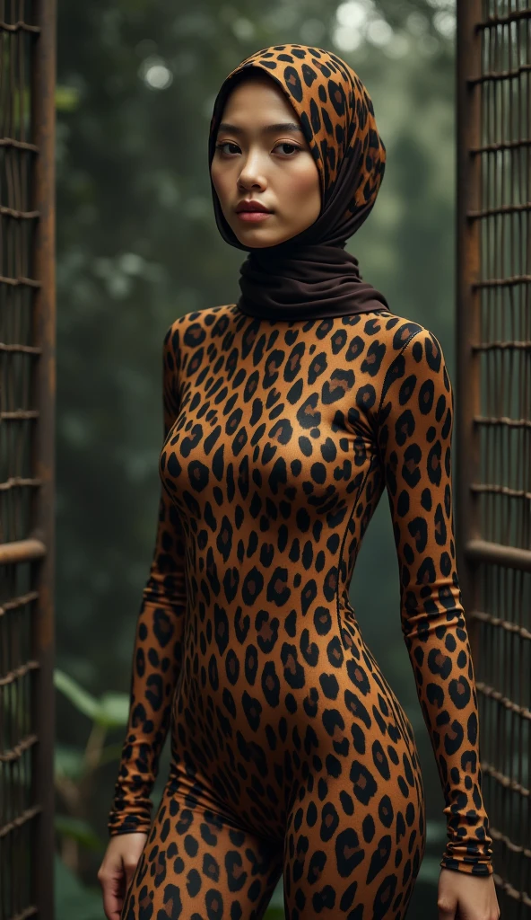 the beautiful,slender thin and prettiest Malaysian muslimah adult girl with beautiful cheeks wears brown leopard print lycra turtleneck unitard catsuit covered with black seamless spots and always wear brown leopard print lycra elastane stretchy dance wear hijab covered with black seamless spots.She is kept in an animal cage.