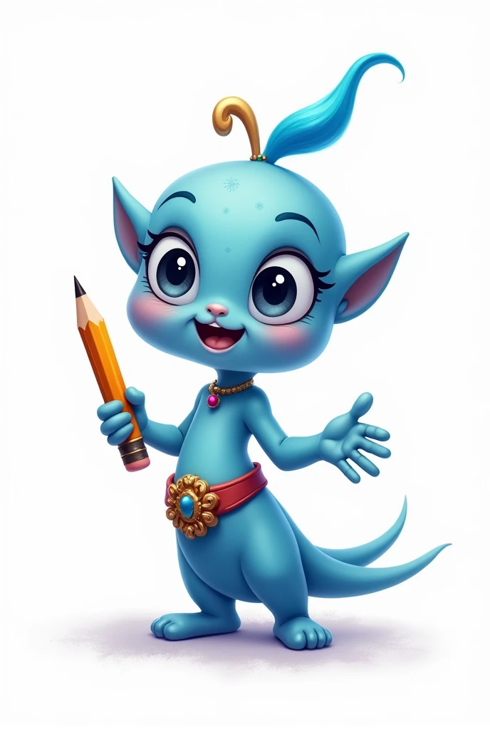 Make a cute genie art that is holding a pencil in his hand. The image background must be white