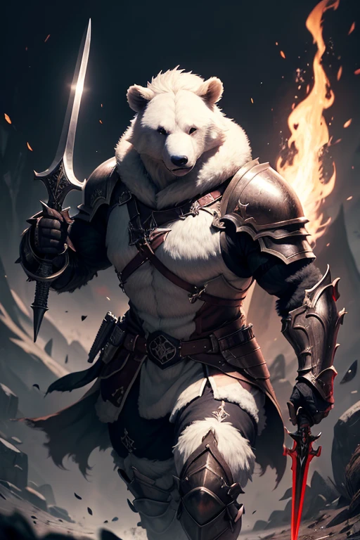 8k, high resolution, ursine, Caucasian skin, white fur, Eyes red , 2 arms , 5 fingers, 2legs, paladin, dark armor, Battlefield scenario, dark aura, holding a black sword.