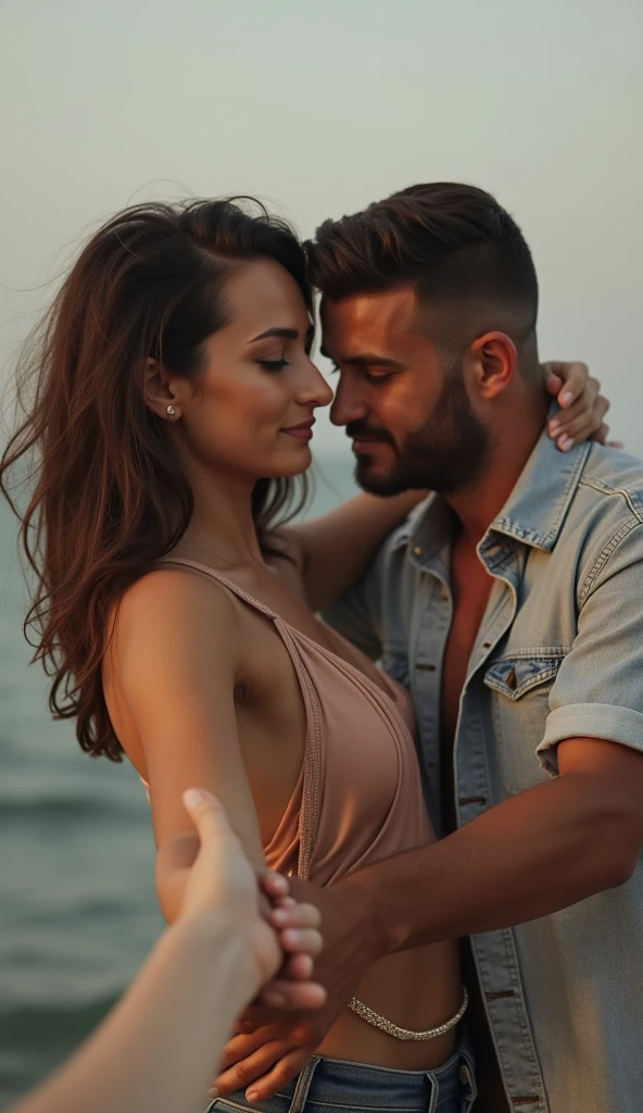 Man hugs woman holding the hand of another woman who is far away from them