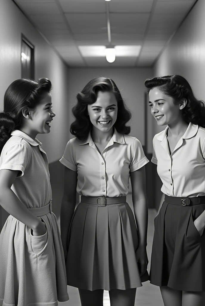 Images of two girls laughing at another girl who is seriously angry at school. The girls are teenagers., vintage black and white girls image 

