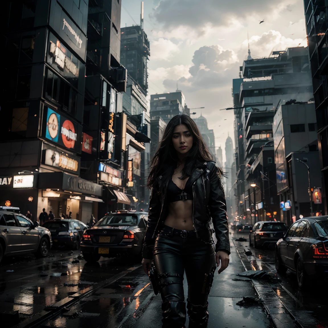 (of the highest quality, ultra high definition, 16k, masterpiece) A powerful girl, Pooja Hegde, walks confidently in front of his sturdy, Futuristic car in the middle of a chaotic, war-torn metropolis.. The shot is from medium to long view., capturing her determined presence and all the environment that surrounds her. She looks ahead with a fierce gaze., unwavering expression, embodying strength and resolve. She wears a fitted mecha camiseta under a stylish jacket and jeans pants, Her outfit combines practicality with a touch of modern style... The jacket is detailed with armas de fuego, rifles, and utility pockets, Improving your battle-ready appearance. His hair is disheveled and unruly, adding to its dynamic presence. The car behind her is a highly modified., armored vehicle, its exterior marked by countless battles. It is a testament to their resilience and ingenuity.., with various gadgets and weapons mounted on its frame. the car is elegant, complements the overall gritty atmosphere. In the background, the entire skyline of the metropolis is visible, partially obscured by smoke and ash. Skyscrapers rise amidst chaos, Many of them are badly damaged with large holes and crumbling facades.. Explosions light up the scene, casting an eerie glow over the widespread destruction. Spaceships float ominously in the sky, involved in fierce air battles, Their elegant designs contrast with the devastation that lies beneath.. The ground is littered with debris and remains of destroyed structures.., increasing the sense of a world torn apart by conflict. Pieces of metal, broken glass, and vehicle remains are scattered across the landscape. The lighting is spectacular., with strong contrasts that highlight the textures of her outfit and the metallic surface of her car. The play of light and shadow emphasizes the intense expression on his face and the chaos of the background... 