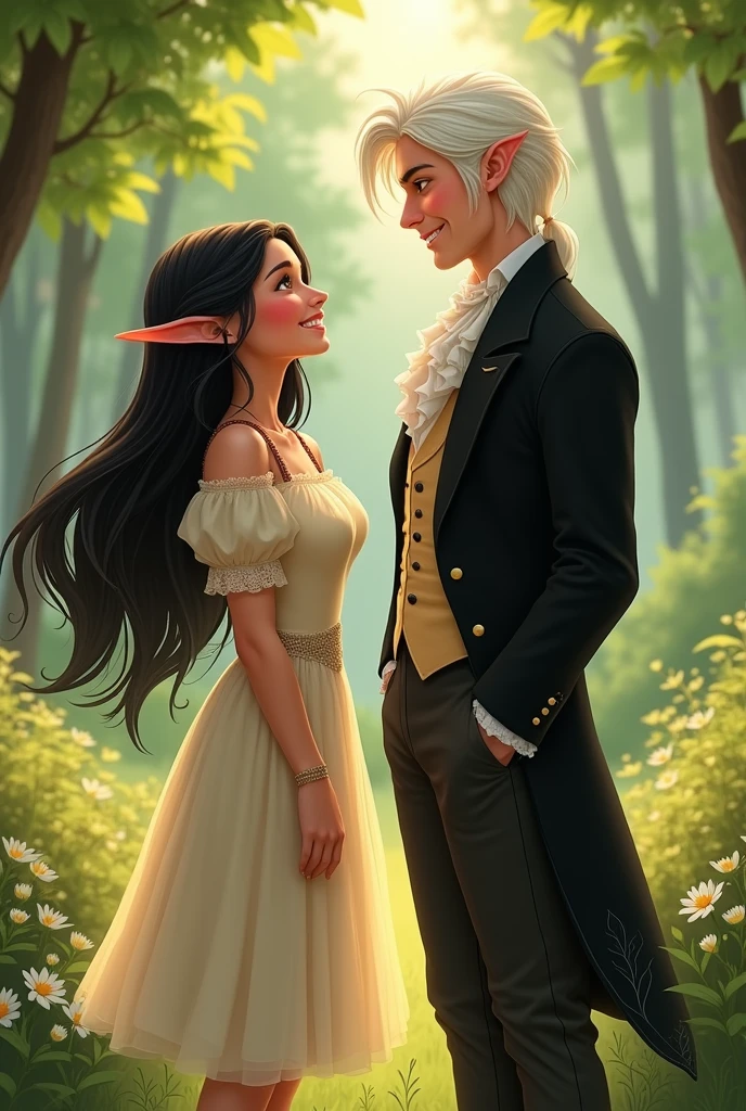 Black-haired half-elf wearing a simple light dress, smiling in front of a happy platinum-haired elf, dressed in a black Pride and Prejudice style suit.