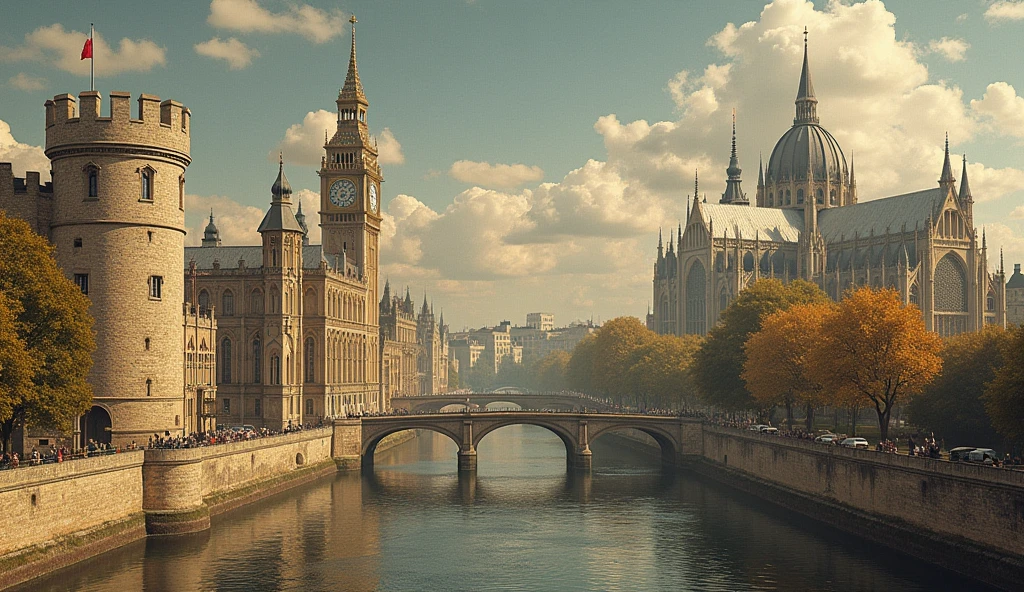 A collage depicting the evolution of monarchy and culture, combining images of the Tower of London, the Cathedral of Reims, and illuminated manuscripts. The scene represents the political and cultural shifts in France and England. The style is inspired by Edmund Blair Leighton, blending historical accuracy with artistic elegance to convey the transformation of these iconic structures and artifacts., Surrealism, Hyperrealism, UHD, retina, masterpiece, accurate, anatomically correct, textured skin, super detail, high quality, 16k