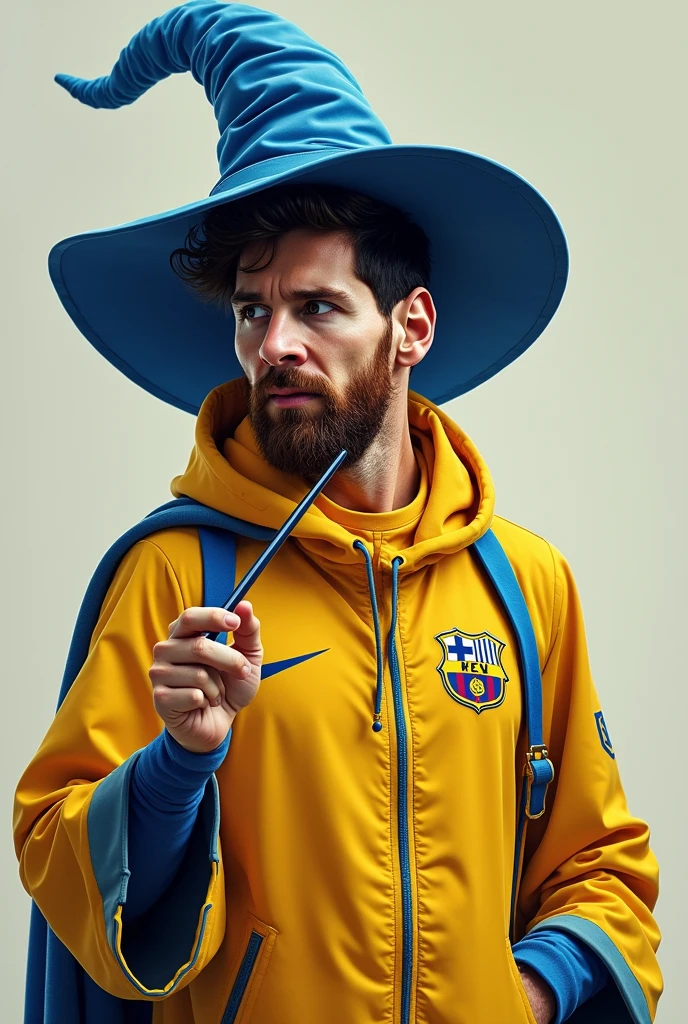 Messi with Harry Potter hat and wand dressed in yellow and blue clothes