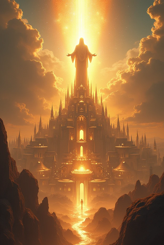 Create an image of the holy city as described in the book of Revelation in the Bible..
