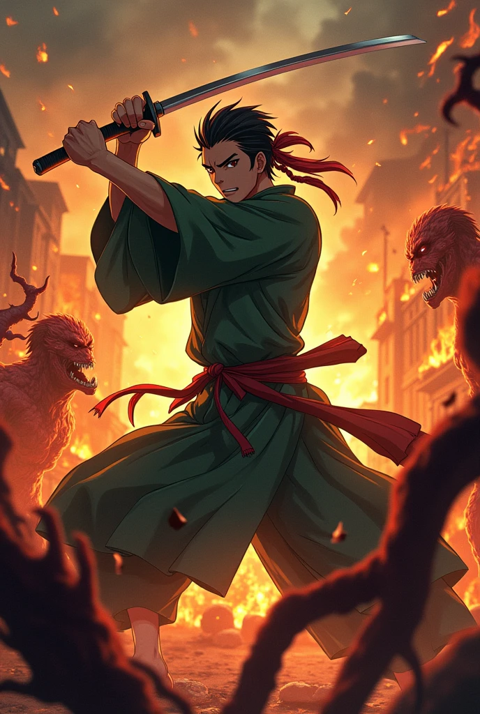 Tandjiro kamado avec un katana il ce batte avec des ennemis tranche la tête de l'adversaire;with the fire behind him,burning buildings around, fighting with demons