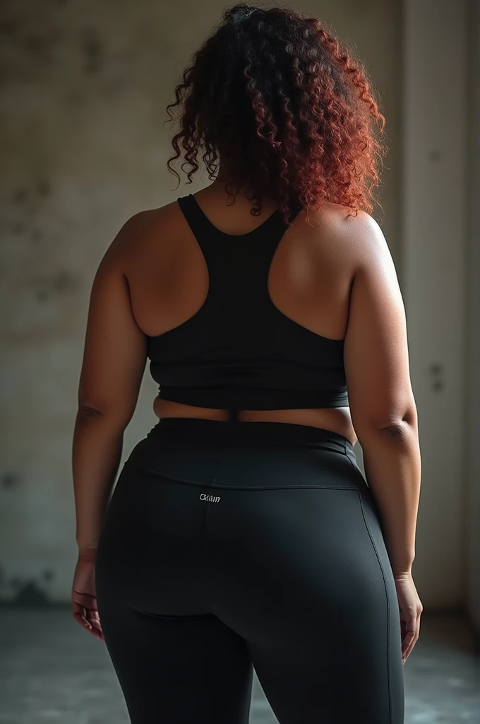 Back view chubby wearing leggings and a sleeveless skin-tight blouse