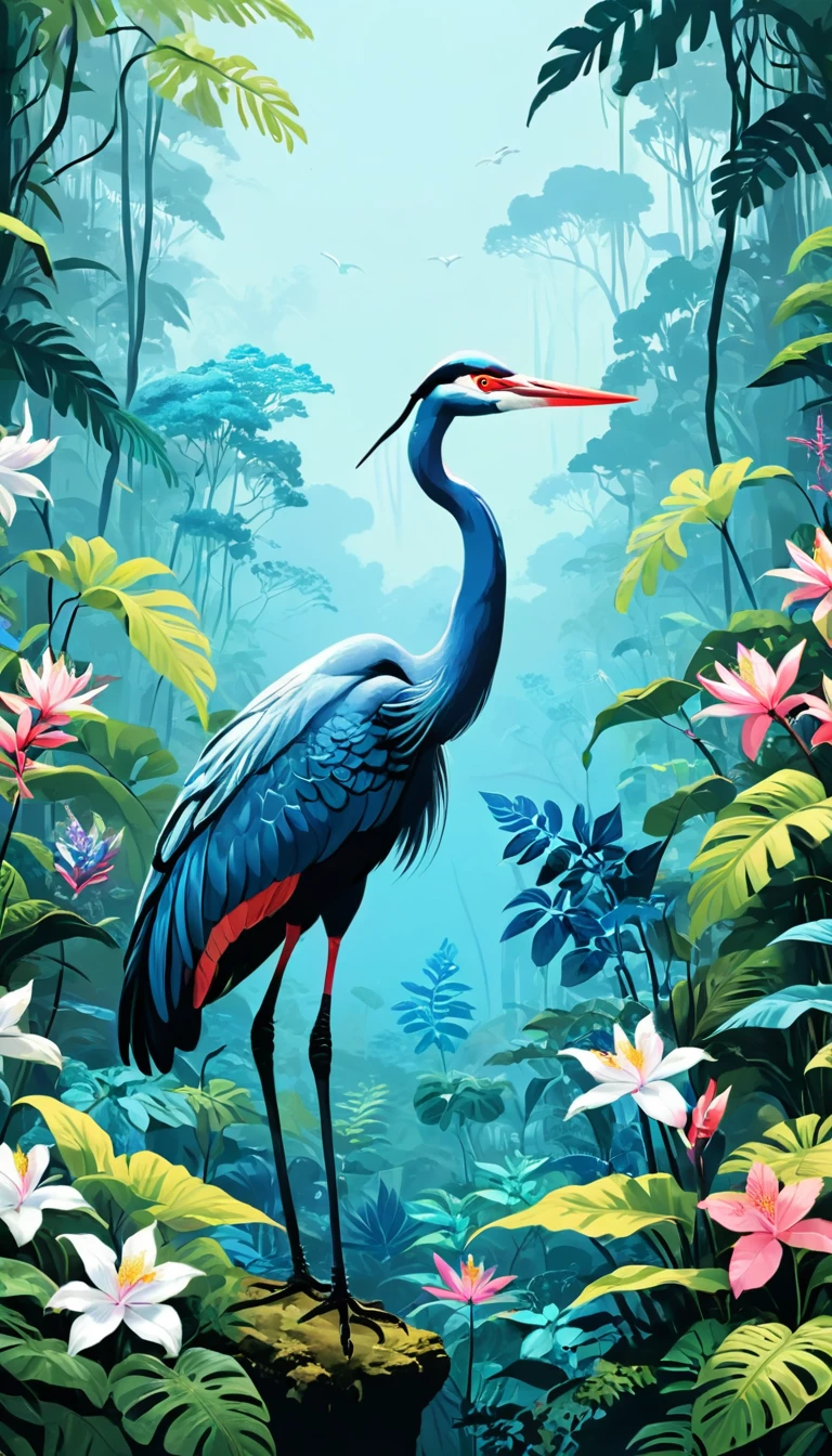 A white beautiful crane stands (((Blue tint))) Rainforest environment, There are many kinds of lush vegetation around, all plants are in different tone Blue tint, Dark blue gradient sky background, Cloudless, Clear, High Detail, Very flat illustration style, Vector Output, Bright colors, canvas
