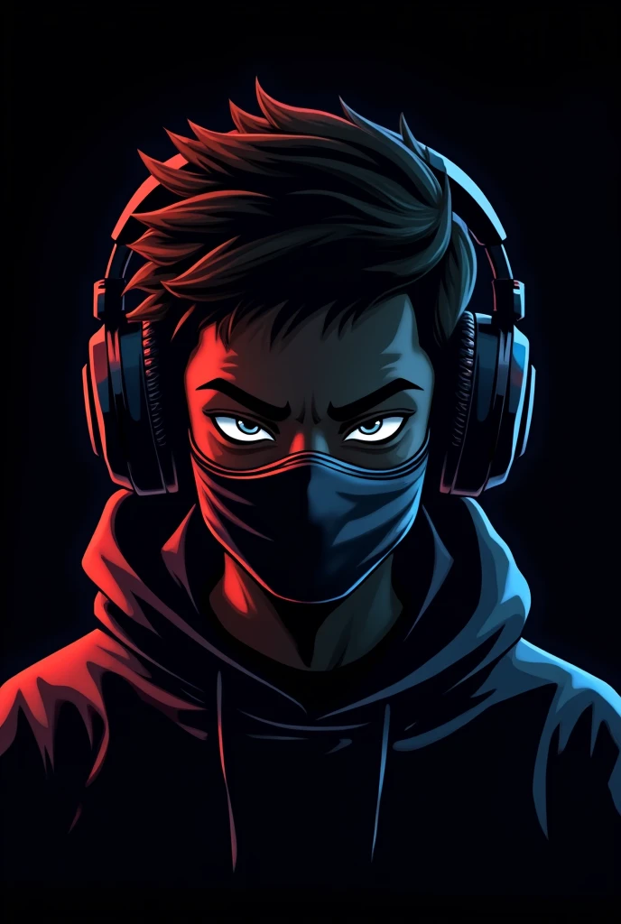 Create a gamer logo of a dark-skinned boy with gamer headphones and a black background behind him and a face mask