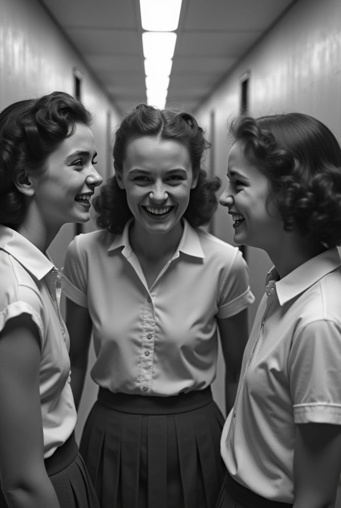 Images of two girls laughing at another girl who is seriously angry at school. The girls are teenagers., vintage black and white girls image 

