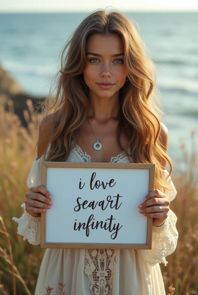 Beautiful girl with wavy long hair, bohemian dress, holding a white board with text "I Love Seaart Infinity" and showing it to the viewer