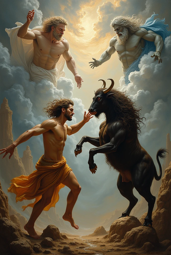 Minotalro fighting a medusa in front of zeus and poceidon