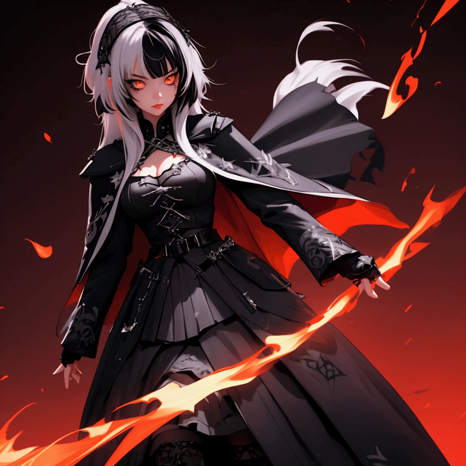 envision a 8k, highres, cinematic, beautiful full body design sheet of a girl named Shiori Novella with long black and white hair with hair ornaments, Amber eyes, wearing a goth military ****ta dress and red cape against a dark background