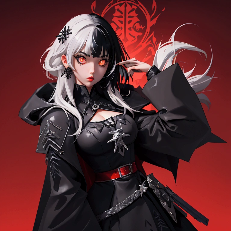 envision a 8k, highres, cinematic, beautiful full body design sheet of a girl named Shiori Novella with long black and white hair with hair ornaments, Amber eyes, wearing a goth military ****ta dress and red cape against a dark background