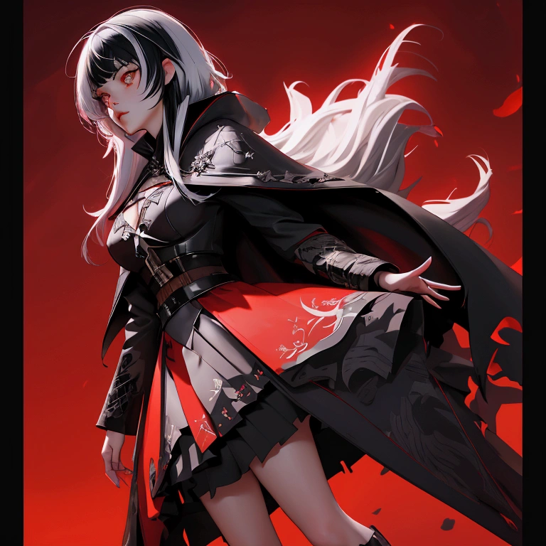 envision a 8k, highres, cinematic, beautiful full body design sheet of a girl named Shiori Novella with long black and white hair with hair ornaments, Amber eyes, wearing a goth military ****ta dress and red cape against a dark background